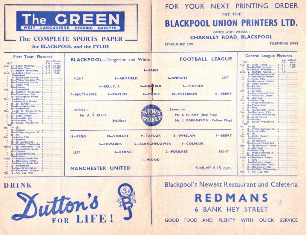 9th September 1957 Blackpool FC v Manchester United Division One Matchday 06 1957-1958 - Image 3