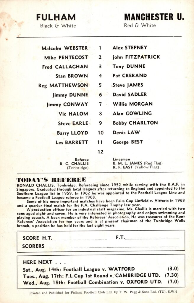 7th August 1971 Fulham v Manchester United Friendly Pre Season 1971-1972 - Image 2