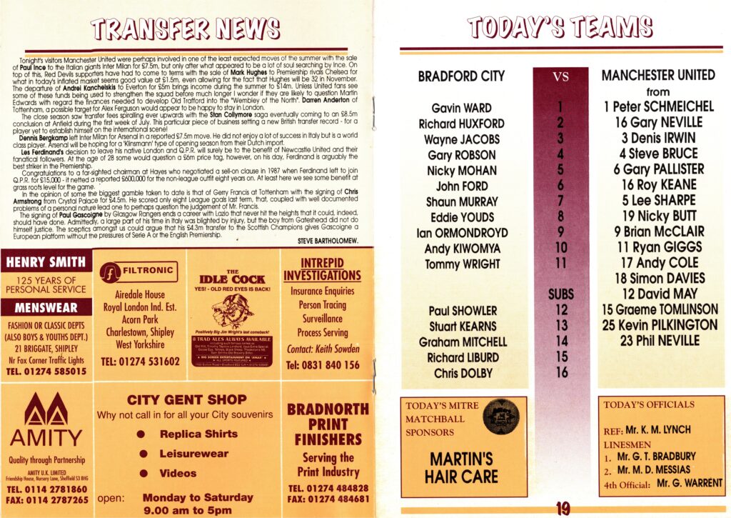 9th August 1995 Bradford City v Manchester United Friendly Pre Season 1995-1996 - Image 2