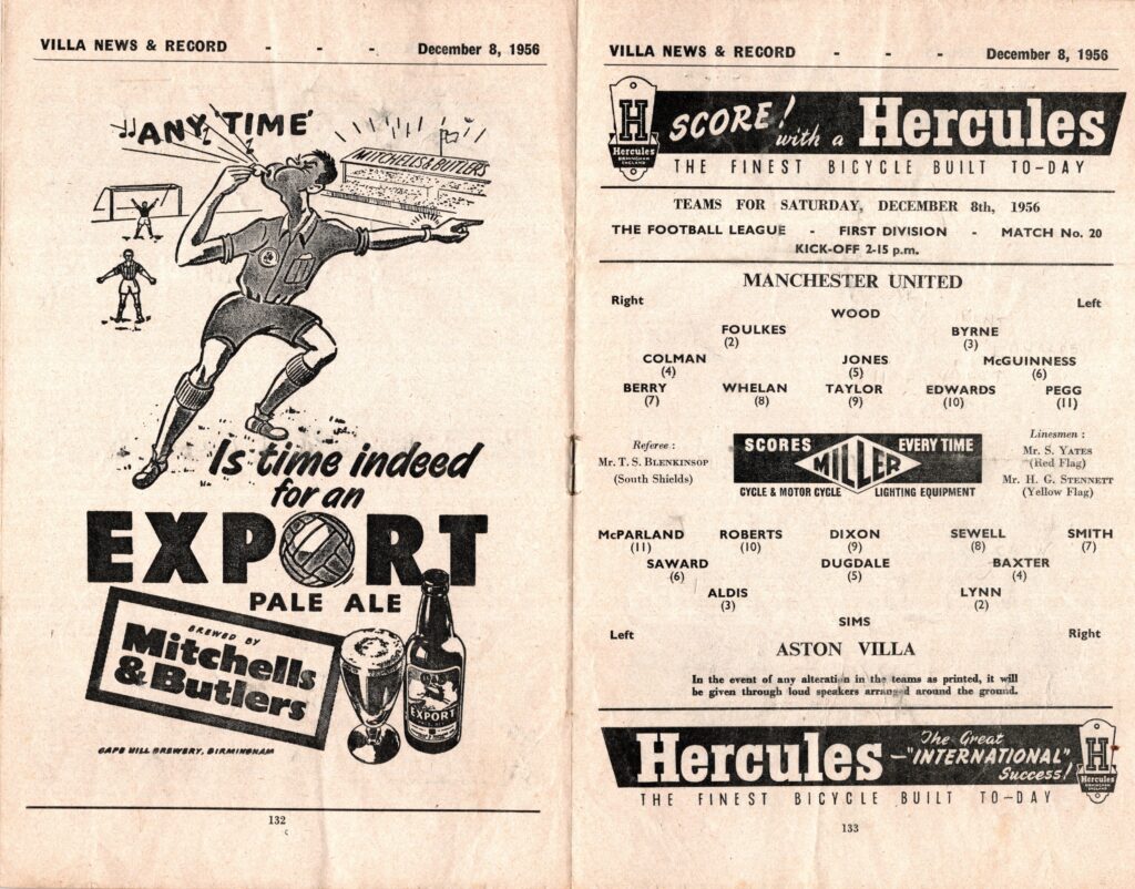 8th December 1956 Aston Villa v Manchester United Division One Matchday 20 1956-1957 - Image 3