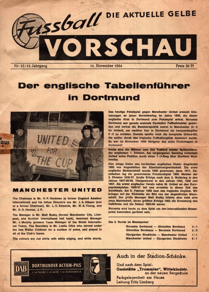 11th November 1964 Borussia Dortmund v Manchester United UEFA Cup 2nd Round 1st Leg 1964-1965