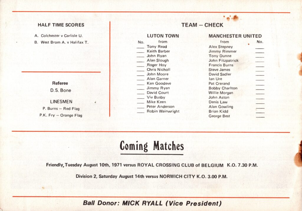 4th August 1971 Luton Town v Manchester United Friendly Pre Season 1971-1972 - Image 2