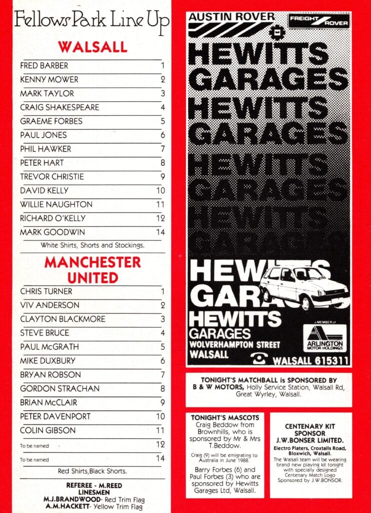 22nd April 1988 Walsall v Manchester United Friendly Centenary Match 1987-1988 - Image 2