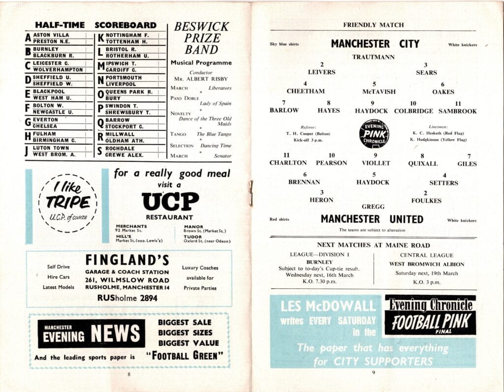 12th March 1960 Manchester City v Manchester United Friendly Mid Season 1959-1960 - Image 2