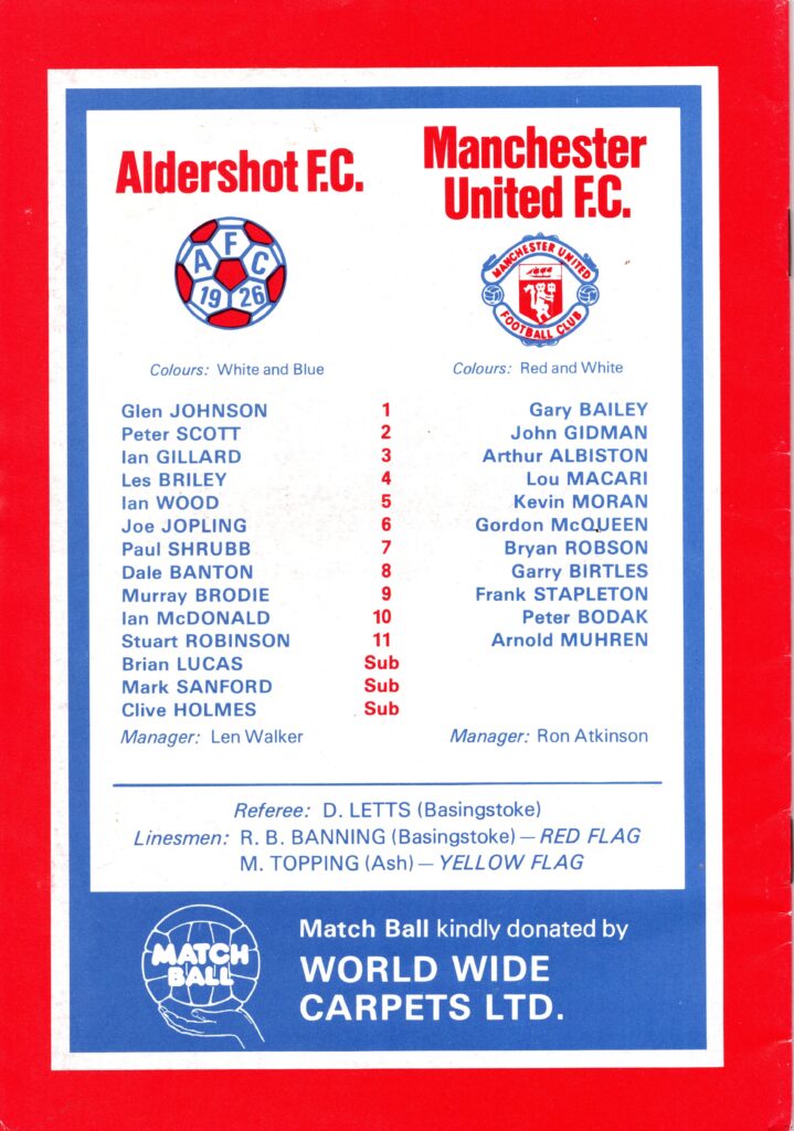 2nd August 1982 Aldershot v Manchester United Benefit Match South Atlantic Fund 1982-1983 - Image 2