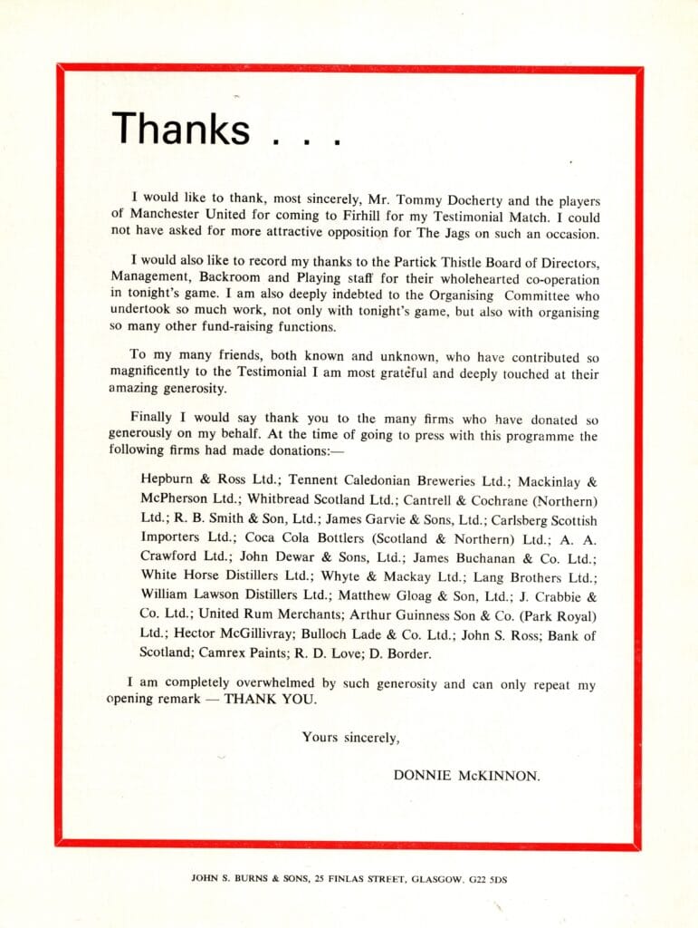 5th November 1973 Partick Thistle v Manchester United Testimonial Donnie McKinnon 1973-1974 - Image 2