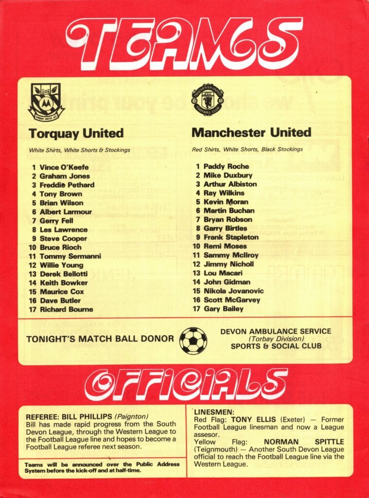 7th December 1981 Torquay United v Manchester United Testimonial Tony Brown 1981-1982 - Image 2