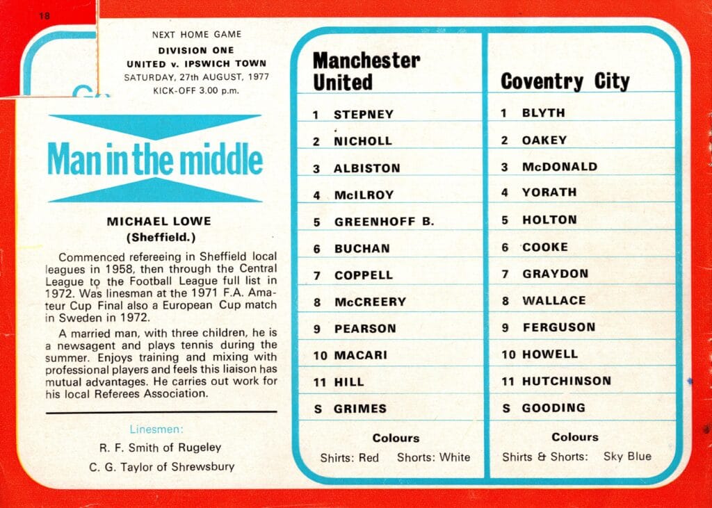24th August 1977 Manchester United v Coventry City Division One Matchday 02 1977-1978 - Image 2