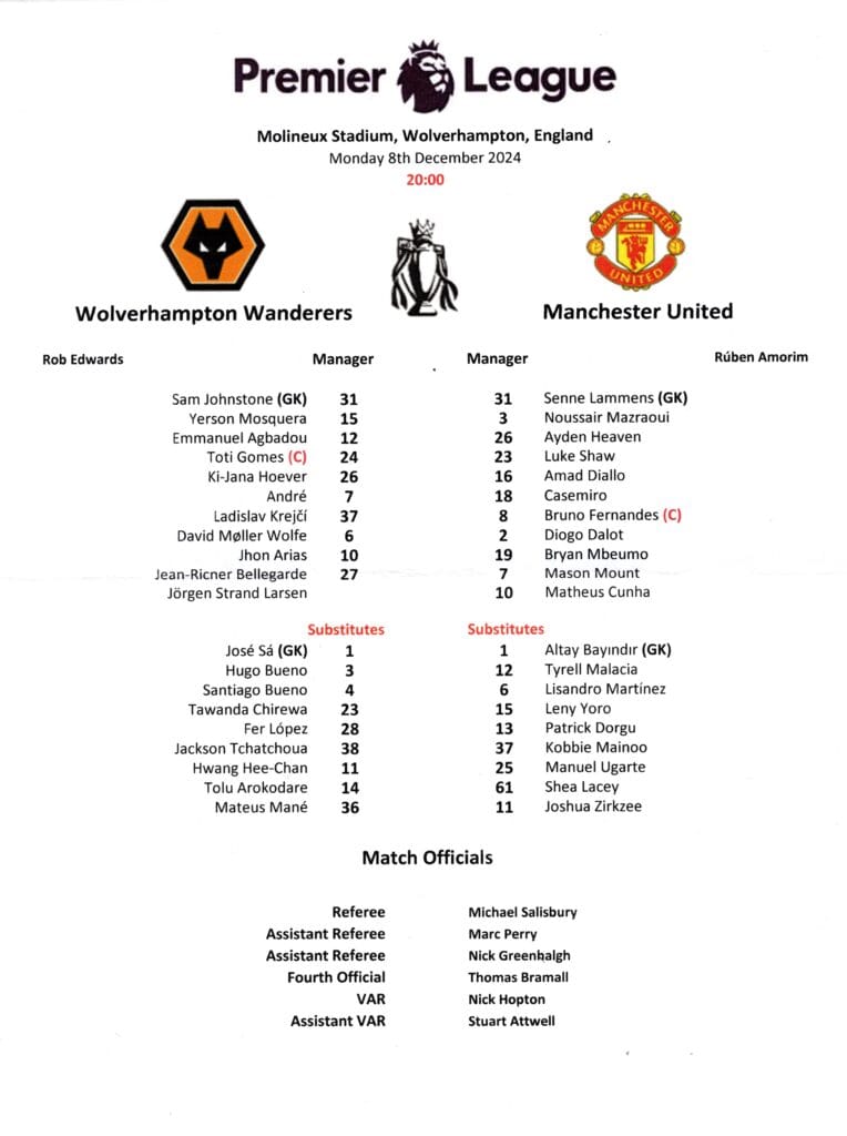 8th December 2025 Wolverhampton Wanderers v Manchester United Premier League Matchday 15 2025-2026 - Image 3