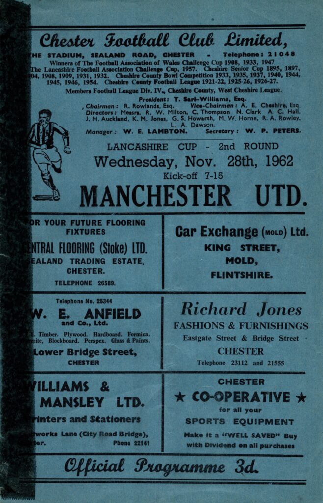 28th November 1962 Chester v Manchester United Lancashire Cup 2nd Round 1962-1963