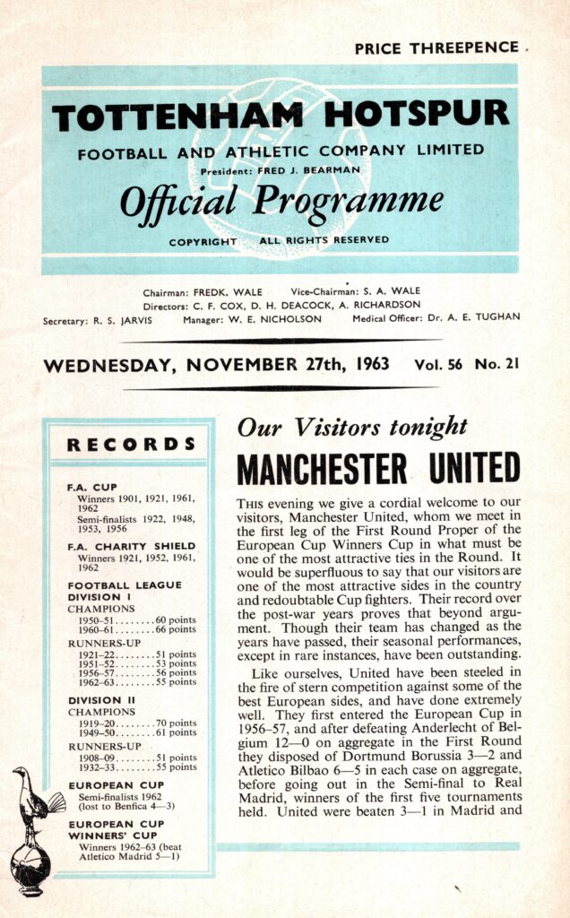 27th November 1963 Tottenham Hotspur v Manchester United Cup Winners Cup 2nd Round 1st Leg 1963-1964