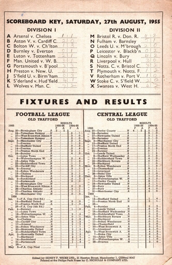 27th August 1955 Manchester United v West Bromwich Albion Division One Matchday 03 1955-1956 - Image 2
