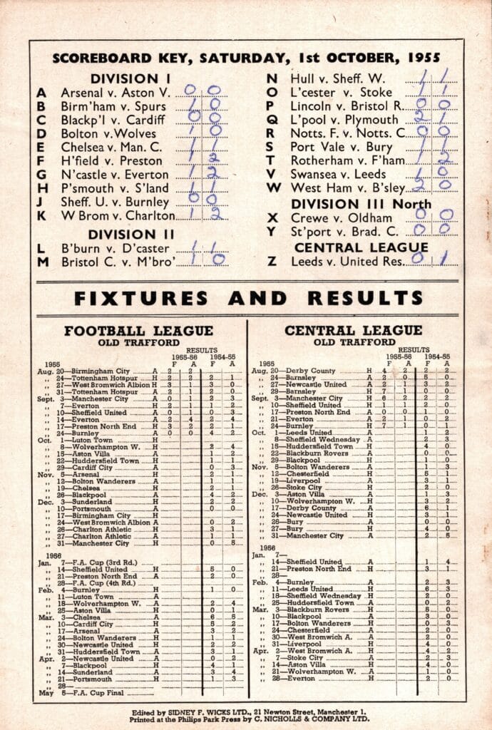 1st October 1955 Manchester United v Luton Town Division One Matchday 11 1955-1956 - Image 2