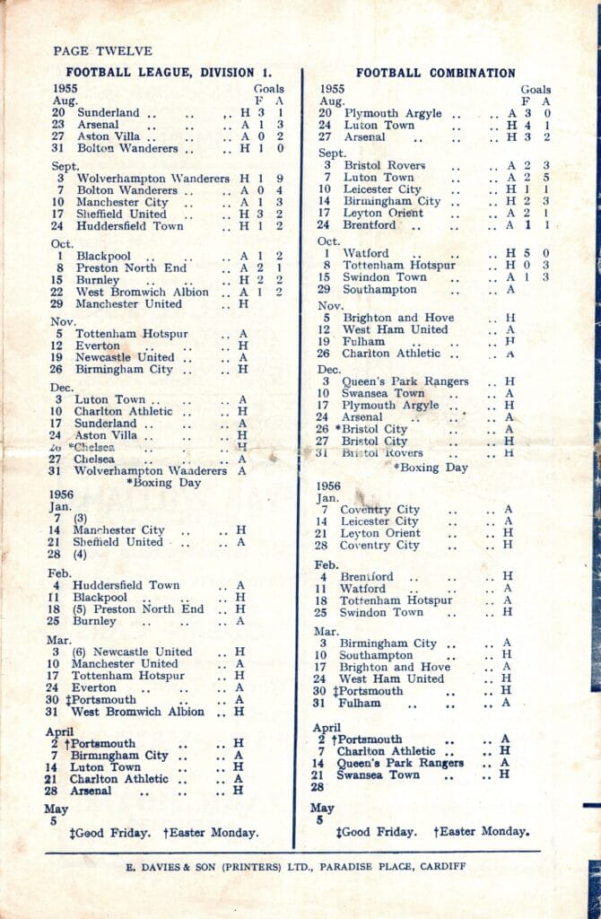 29th October 1955 Cardiff City v Manchester United Division One Matchday 15 1955-1956 - Image 2