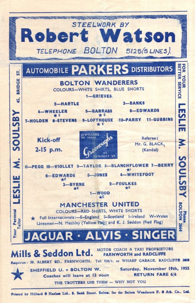 12th November 1955 Bolton Wanderers v Manchester United Division One Matchday 17 1955-1956 - Image 2