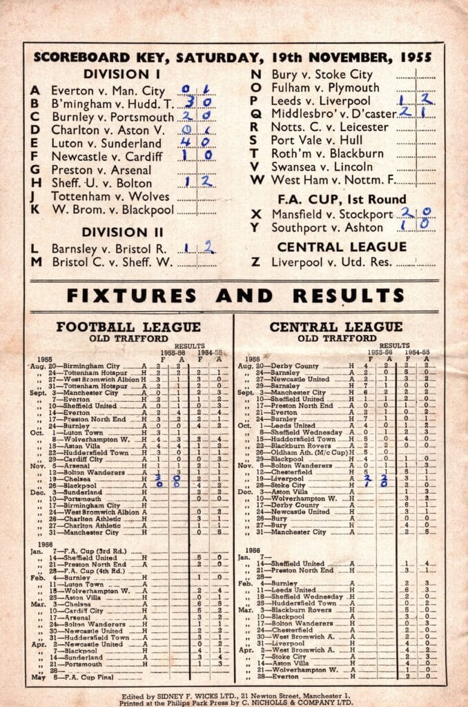 19th November 1955 Manchester United v Chelsea Division One Matchday 18 1955-1956 - Image 2