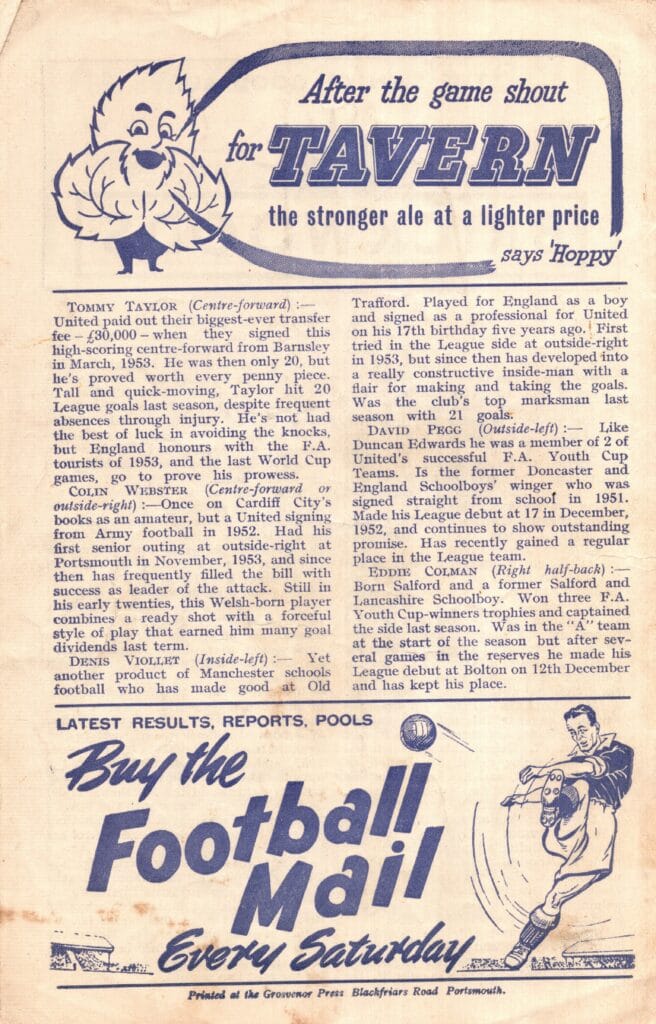 10th December 1955 Portsmouth v Manchester United Division One Matchday 21 1955-1956 - Image 2