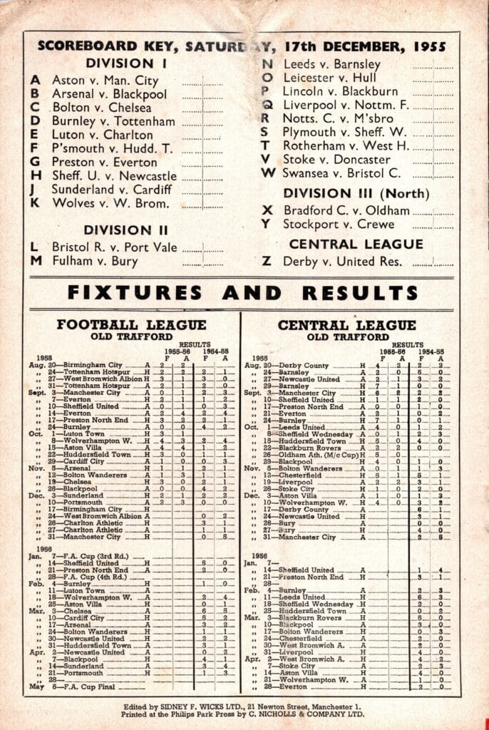 17th December 1955 Manchester United v Birmingham City Division One Matchday 22 1955-1956 - Image 2