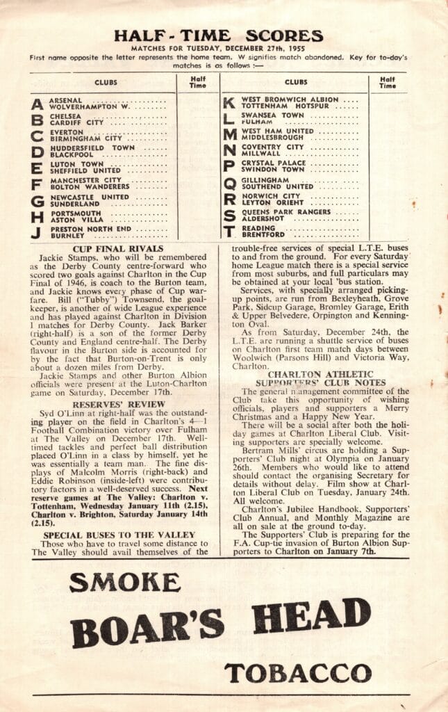 27th December 1955 Charlton Athletic v Manchester United Division One Matchday 25 1955-1956 - Image 2