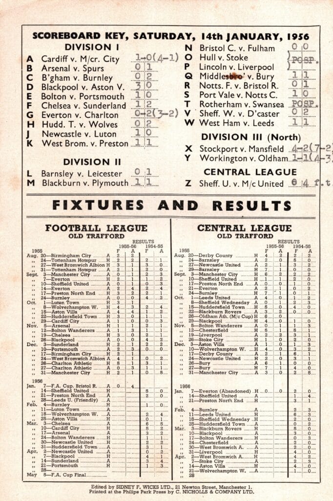 14th January 1956 Manchester United v Sheffield United Division One Matchday 27 1955-1956 - Image 2