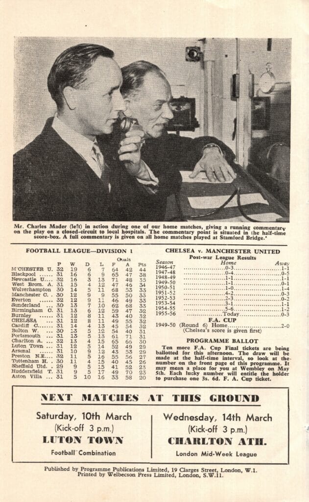 3rd March 1956 Chelsea v Manchester United Division One Matchday 33 1955-1956 - Image 2