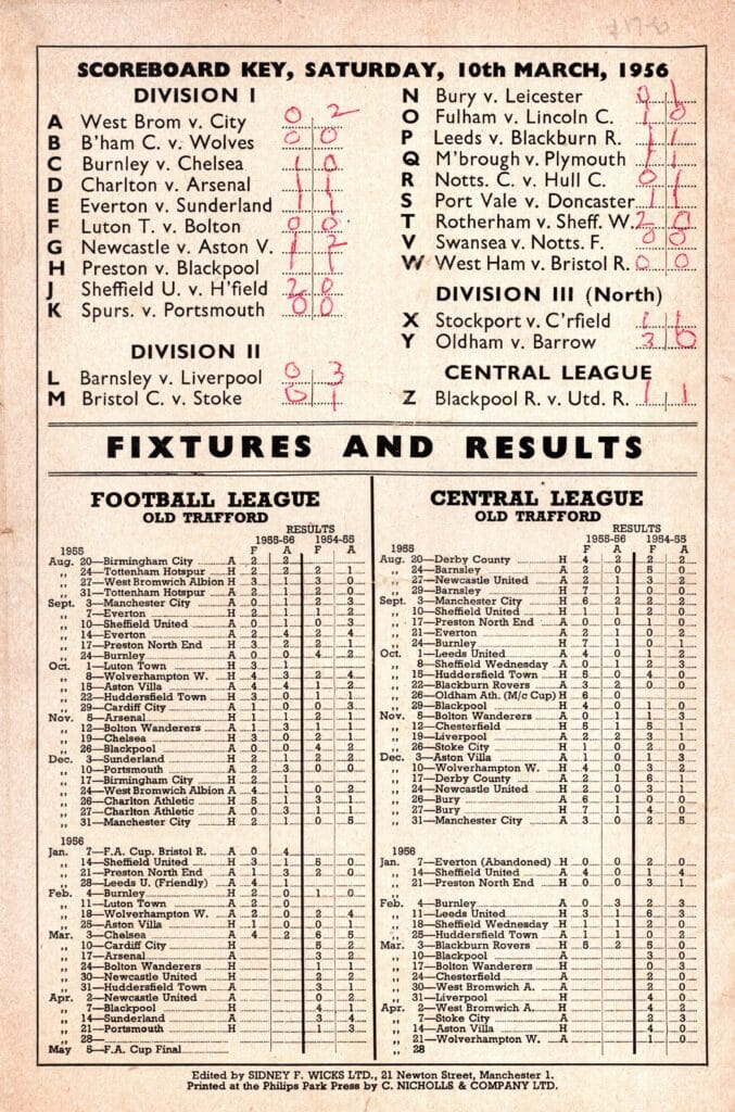 10th March 1956 Manchester United v Cardiff City Division One Matchday 34 1955-1956 - Image 2