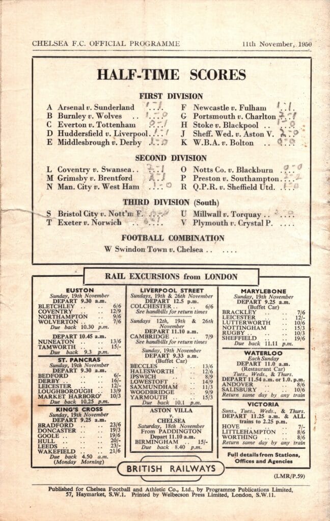 11th November 1950 Chelsea v Manchester United Division One Matchday 17 1950-1951 - Image 2