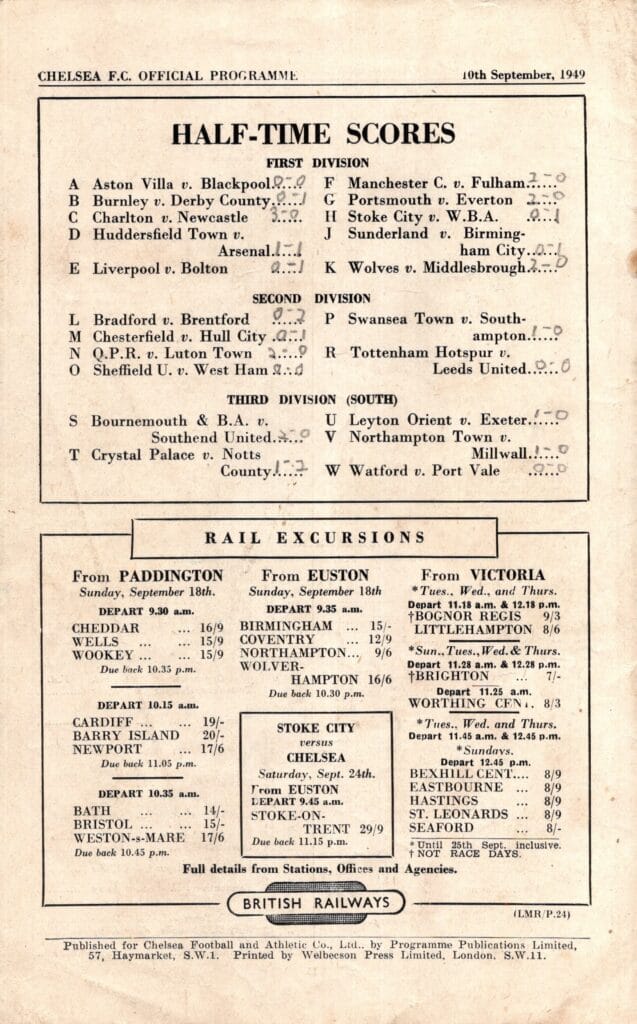 10th September 1949 Chelsea v Manchester United Division One Matchday 07 1949-1950 - Image 2