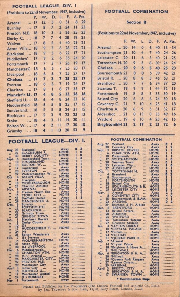 29th November 1947 Chelsea v Manchester United Division One Matchday 18 1947-1948 - Image 2