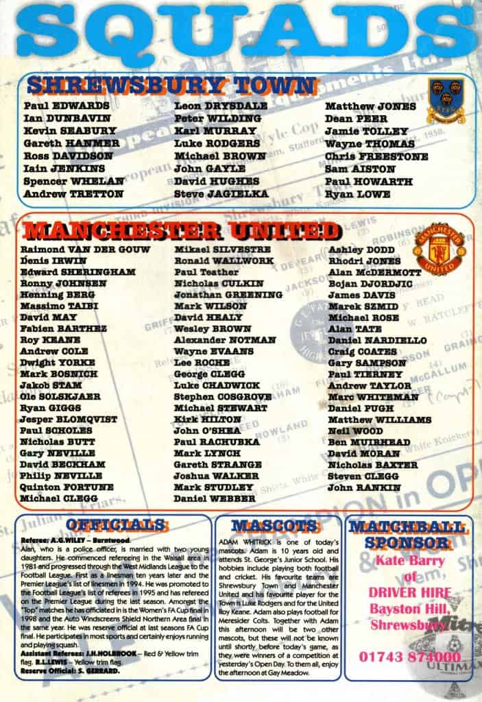 30th July 2000 Shrewsbury Town v Manchester United Friendly Pre-Season 2000-2001 - Image 2