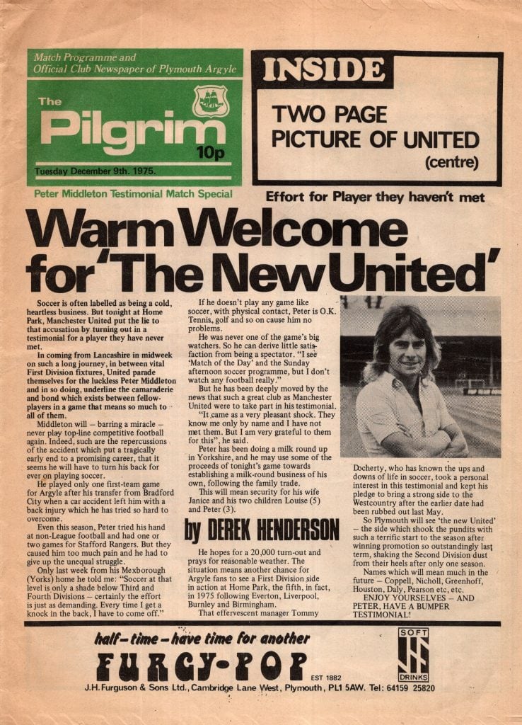 9th December 1975 Plymouth Argyle v Manchester United Testimonial P Middleton 1975-1976