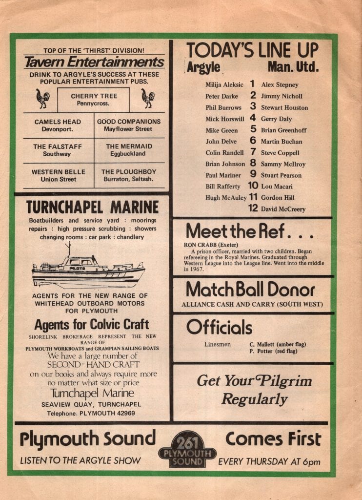 9th December 1975 Plymouth Argyle v Manchester United Testimonial P Middleton 1975-1976 - Image 2