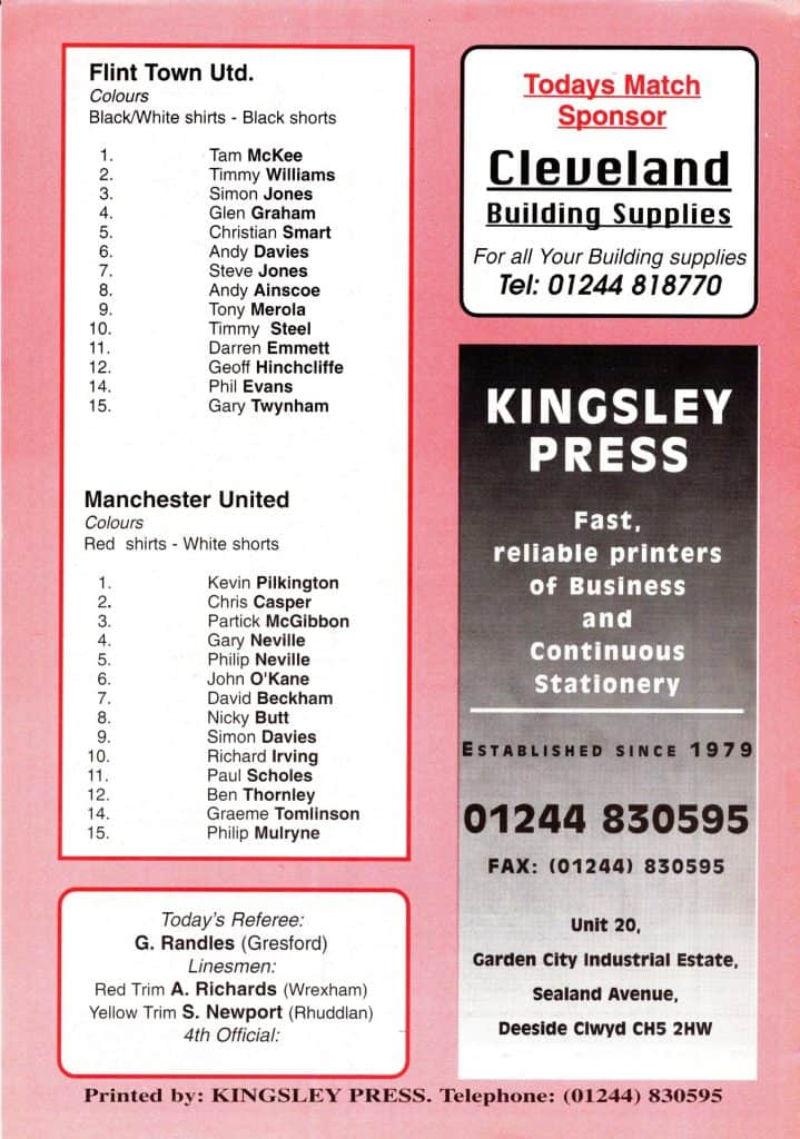 1st August 1995 Flint Town United v Manchester United Friendly Pre-Season 1995-1996 - Image 2