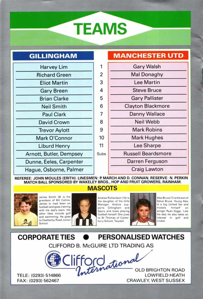 7th August 1992 Gillingham v Manchester United Friendly Testimonial - Bill Collins 1992-1993 - Image 2