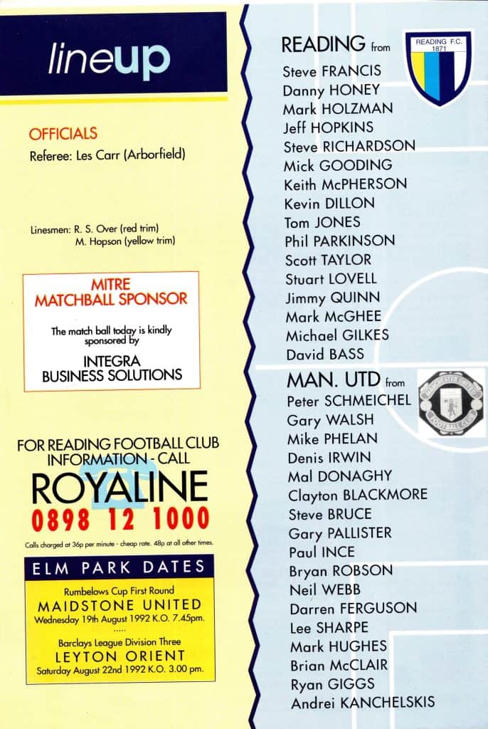 6th August 1992 Reading v Manchester United Friendly Pre Season 1992-1993 - Image 2