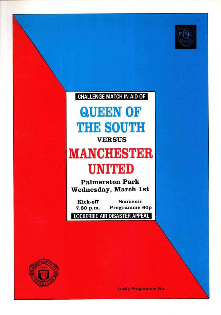 1st March 1989 Queen of the South v Manchester United Friendly Lockerbie Disaster Appeal 1988-1989