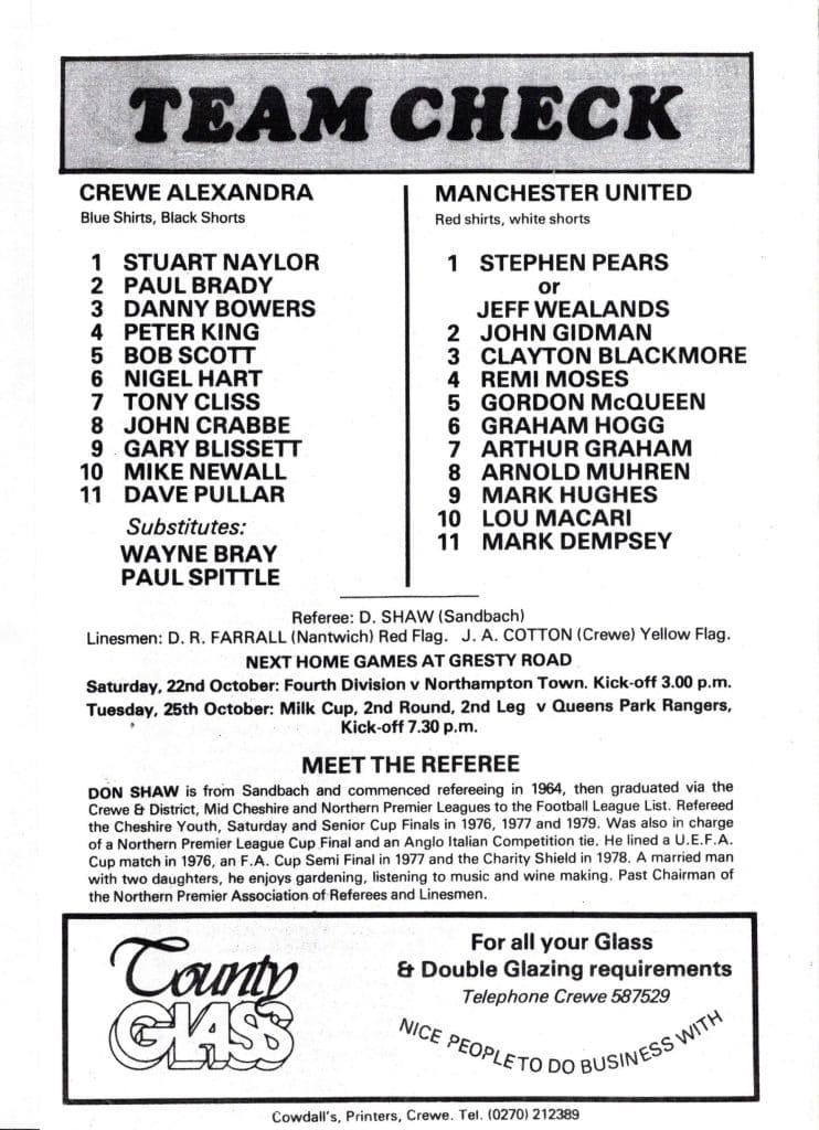 11th October 1983 Crewe Aelxandra v Manchester United Friendly  1983-1984 - Image 2