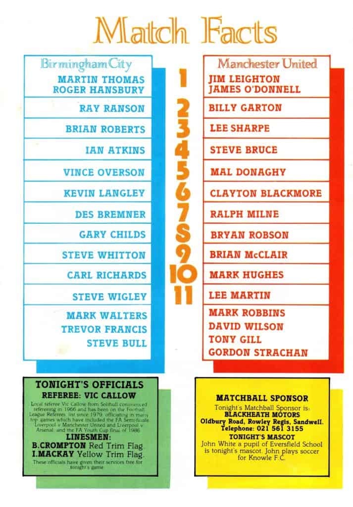29th November 1988 Birmingham City v Manchester United Friendly Ian Handysides Benefit 1988-1989 - Image 2