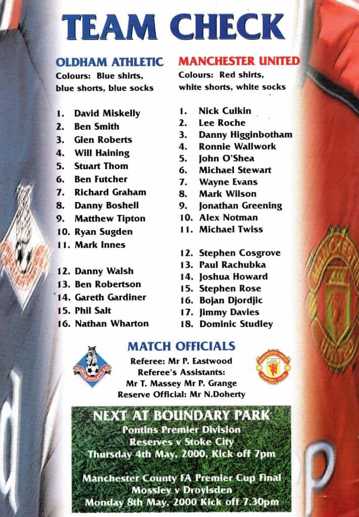 2nd May 2000 Oldham Athletic v Manchester United Manchester Senior Cup Final 1999-2000 - Image 2