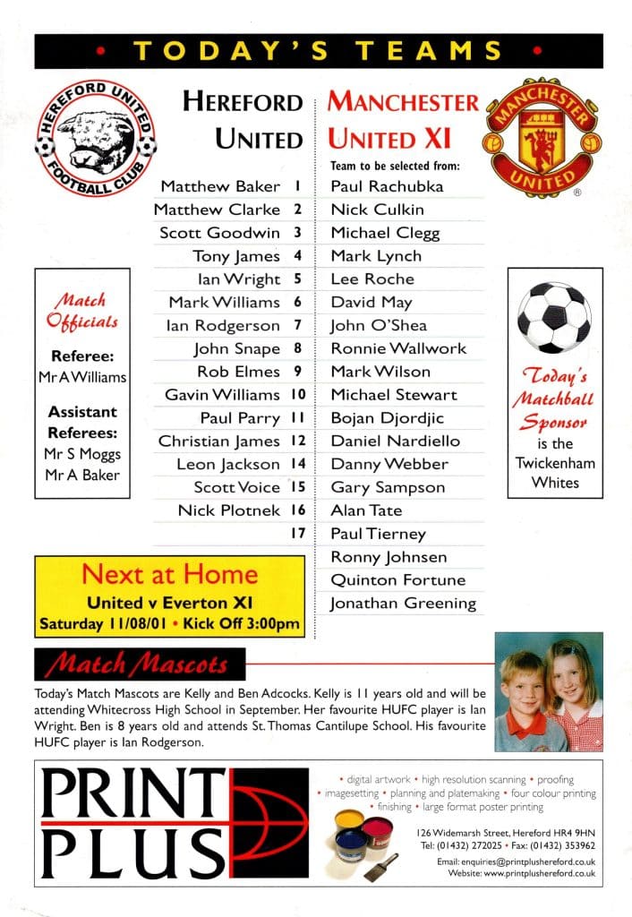 4th August 2001 Hereford United v Manchester United Friendly  2001-2002 - Image 2