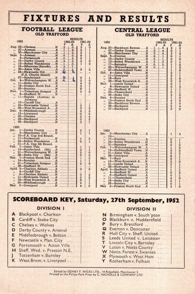 27th September 1952 Manchester United v Sunderland Division One Matchday 09 1952-1953 - Image 2