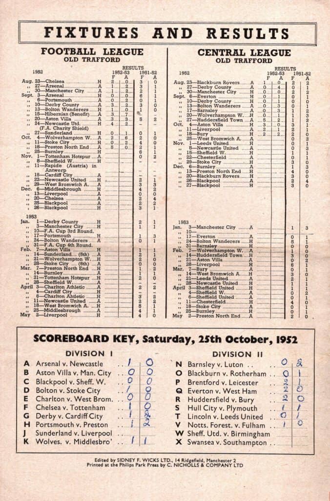 25th October 1952 Manchester United v Burnley Division One Matchday 13 1952-1953 - Image 2
