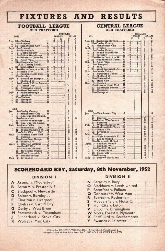 8th November 1952 Manchester United v Sheffield Wednesday Division One Matchday 15 1952-1953 - Image 2