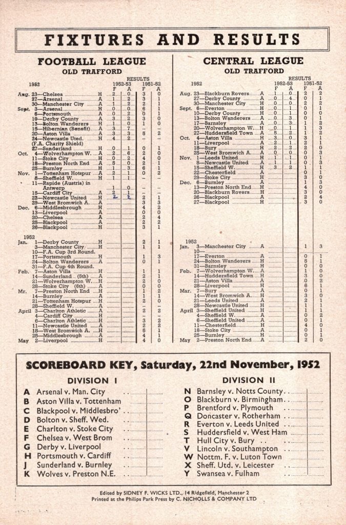 22nd November 1952 Manchester United v Newcastle United Division One Matchday 17 1952-1953 - Image 2