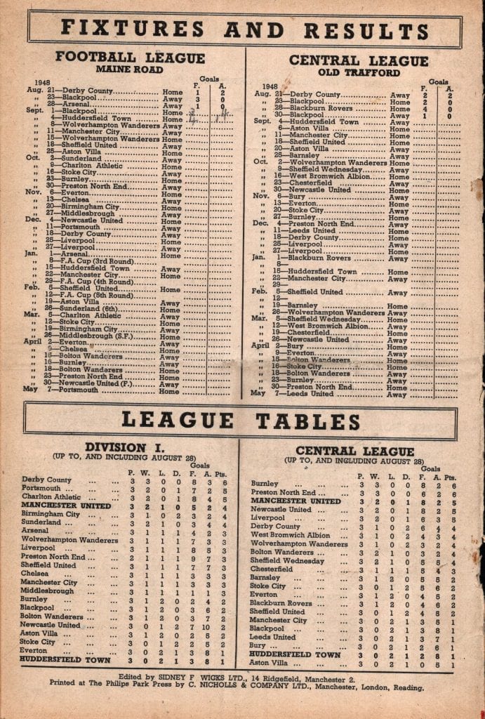 4th September 1948 Manchester United v Huddersfield Town Division One Matchday 05 1948-1949 - Image 2