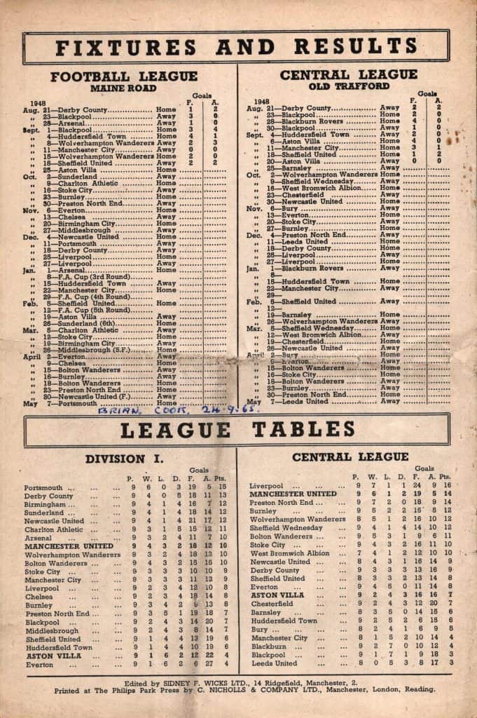 25th September 1948 Manchester United v Aston Villa Division One Matchday 10 1948-1949 - Image 2