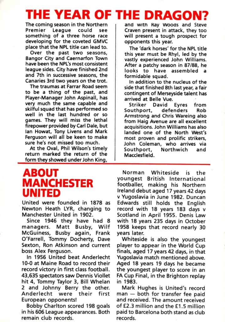 6th August 1988 Bangor City v Manchester United Friendly Pre-Season 1988-1989 - Image 2