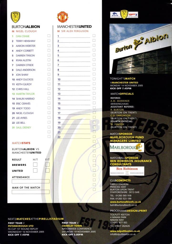 14th November 2005 Burton Albion v Manchester United Friendly  2005-2006 - Image 2