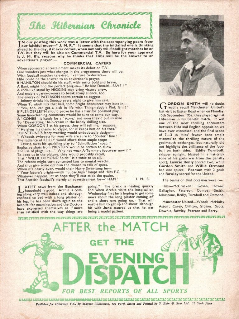 15th November 1954 Hibernian v Manchester United Friendly Floodlit Challenge Match 1954-1955 - Image 2