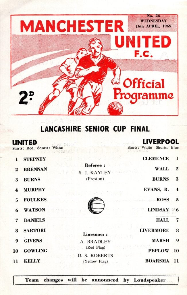 16th April 1969 Manchester United v Liverpool Lancashire Senior Cup Final 1968-1969